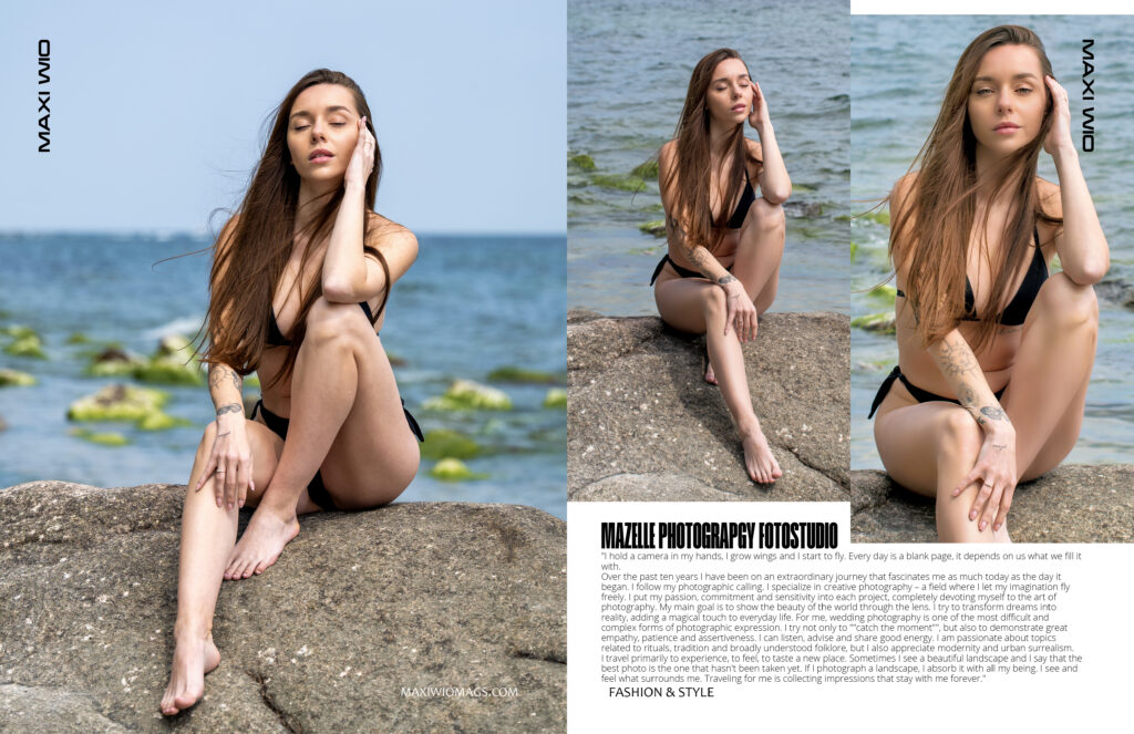 Das Model des Mazelle Photography Fotostudio® sitzt auf einem Küstenstein in der Ostsee und posiert in eleganten Dessous, während das Fotografenteam die besondere Atmosphäre zwischen Wasser, Licht und Körperarchitektur einfängt. Die Kombination aus natürlicher Küstenlandschaft, klarer Bildsprache und der ruhigen Präsenz des Models erzeugt eine visuelle Spannung, die typisch für die Handschrift von Mazelle Photography ist. Die Aufnahme wurde international beachtet und von der britischen Zeitschrift WioMags UK veröffentlicht, die regelmäßig außergewöhnliche Fotoproduktionen aus Europa präsentiert. Für Mazelle Photography Fotostudio® markiert diese Veröffentlichung einen weiteren Schritt in der internationalen Sichtbarkeit ihrer Fine‑Art‑ und Editorial‑Arbeiten. Die Szene am Ostseestrand verbindet regionale Herkunft mit globaler Relevanz — ein Bild, das sowohl die Ästhetik der Insel Rügen als auch die internationale Ausrichtung des Studios sichtbar macht.