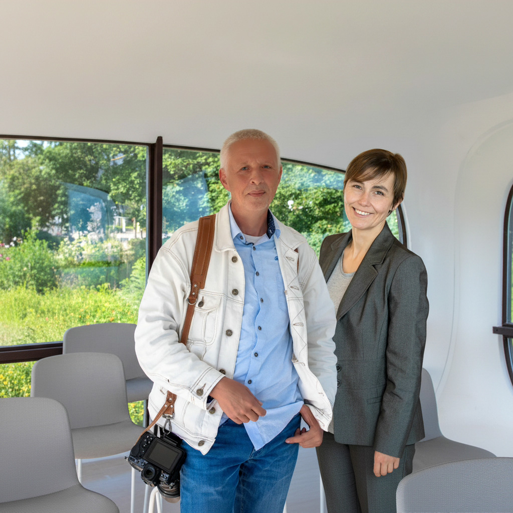 Ein authentisches Porträt der Fotografen Magdalena Mazelle und Andreas Mazelle vom Mazelle Photography Fotostudio®, aufgenommen im ikonischen Müther‑Turm in Binz auf Rügen direkt nach der Trauung eines Hochzeitspaares. Die Aufnahme zeigt die ruhige, konzentrierte Präsenz beider Fotografen inmitten der charakteristischen Architektur des Turms – ein Moment zwischen professioneller Präzision, emotionalem Nachklang der Zeremonie und der klaren, künstlerischen Handschrift des Mazelle‑Studios